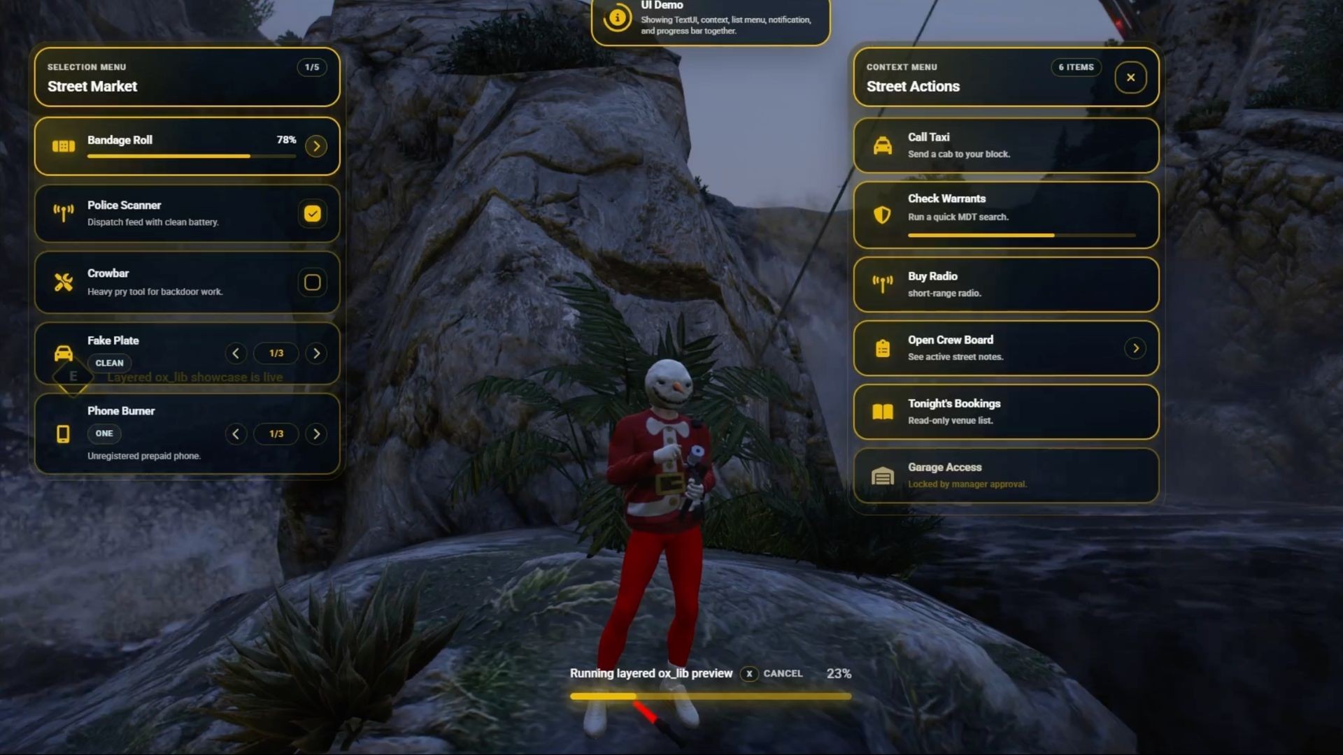 The same Revo ox_lib selection menu and context menu shown in a yellow brand color instead of cyan, demonstrating the configurable theme system